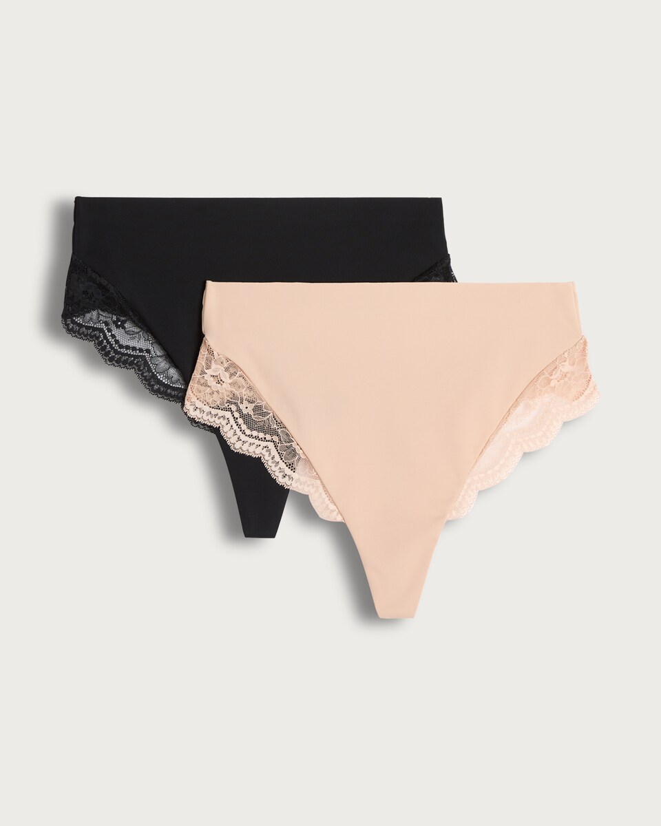 F&F 2-Pack Lace Trim Smoothing Contour Thongs in Black