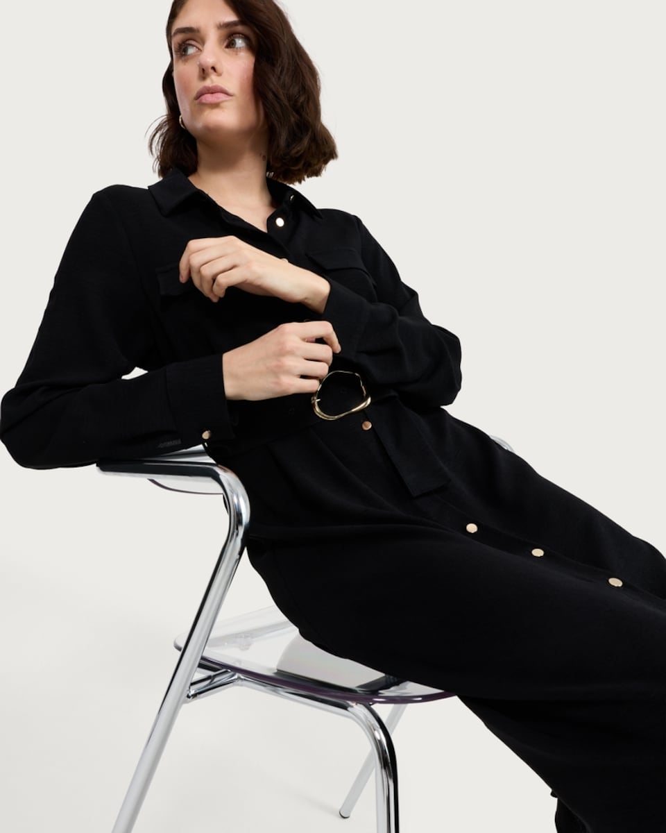 image 1 of F&F Belted Button Up Long Sleeved Midi Shirt Dress in Black