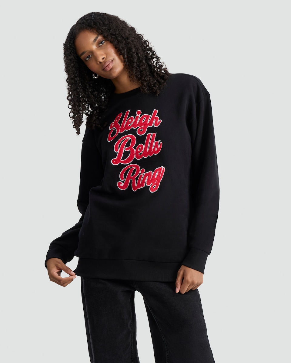 image 1 of F&F Cotton Rich Sleigh Bells Ring Textured Slogan Sweatshirt in Black