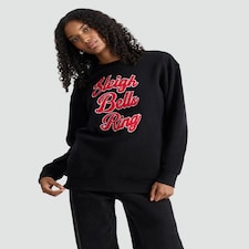 F&F Cotton Rich Sleigh Bells Ring Textured Slogan Sweatshirt in Black