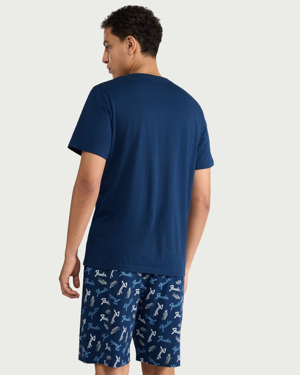 image 1 of Fender Pure Cotton Guitar Print Shorts Pyjama Set in Navy