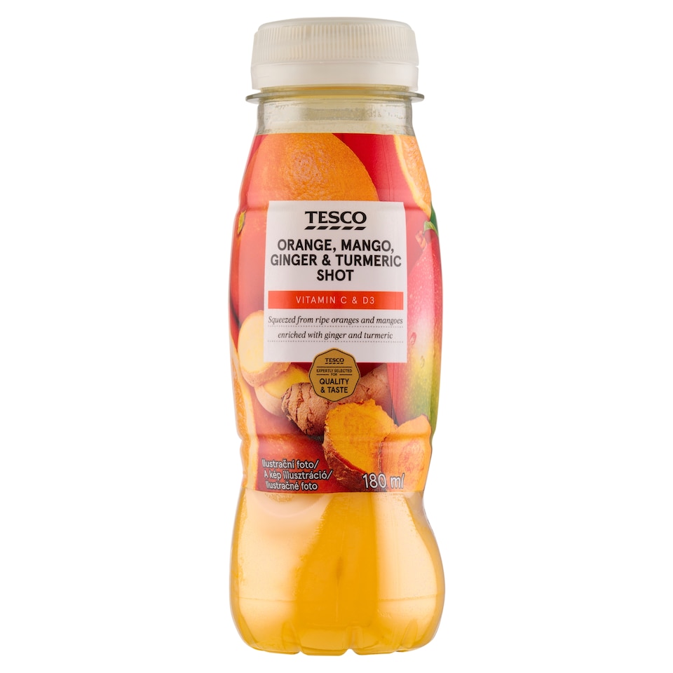 Tesco ital narancslével, mangóval, gyömbérrel, kurkumával, hozzáadott C- és D3-vitaminnal 180 ml