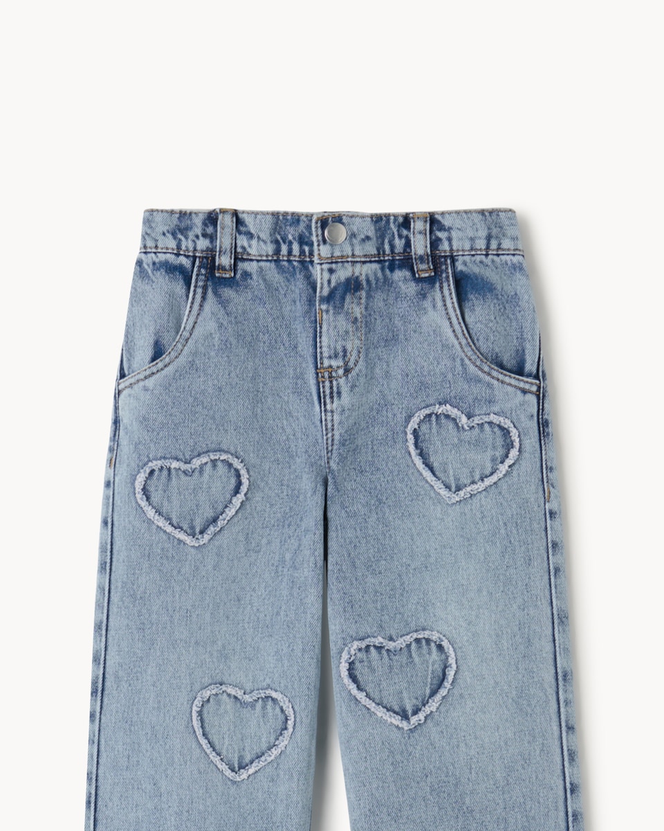 image 1 of F&F Girls Pure Cotton Heart Pattern Jeans in Blue