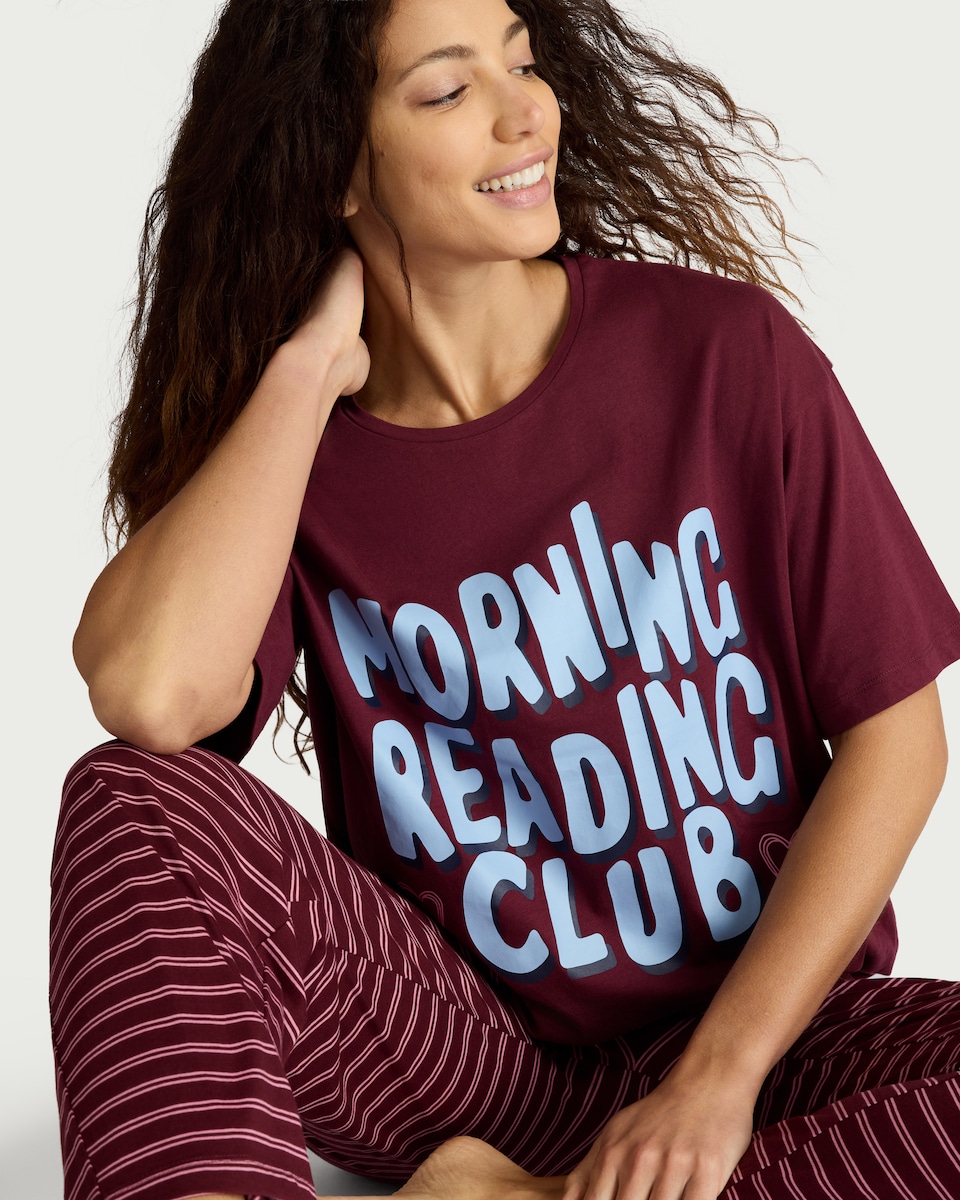 image 1 of F&F Pure Cotton Morning Reading Club Pyjama Top in Burgundy