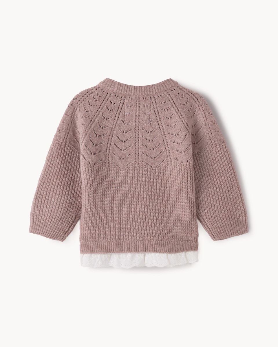 image 1 of F&F Baby Knitted Lace Trim Top & Trousers in Pink