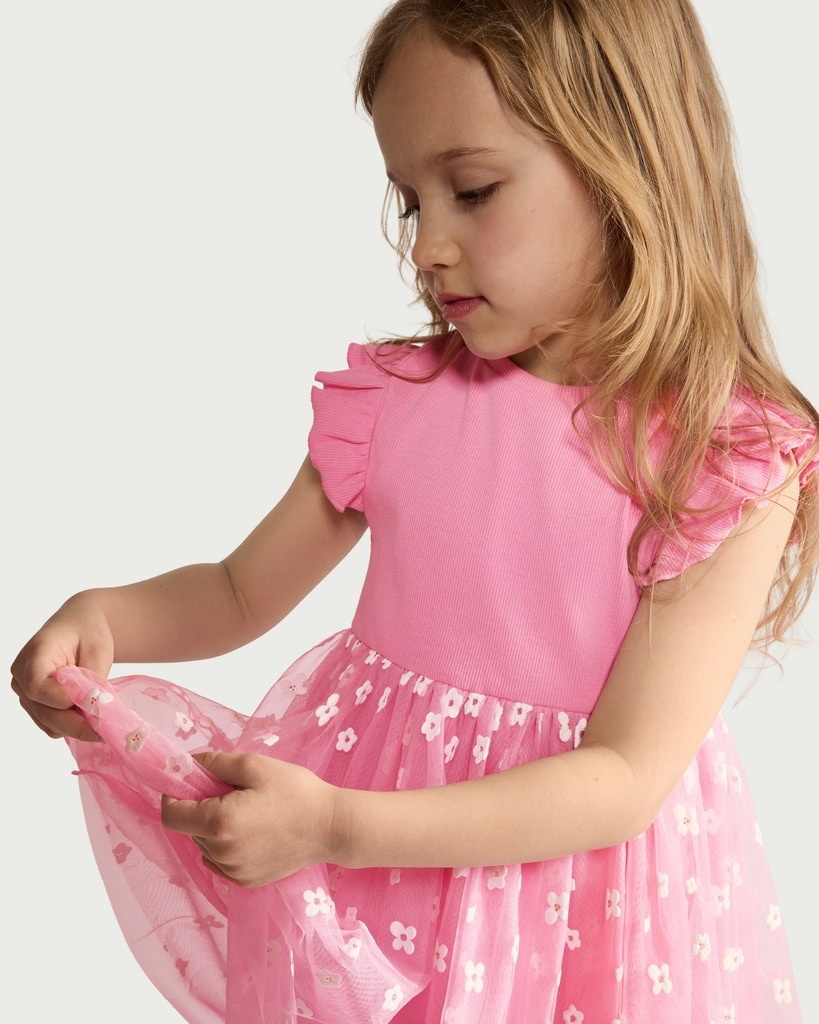 F&F Girls Cotton Rich Floral Tulle Dress in Pink