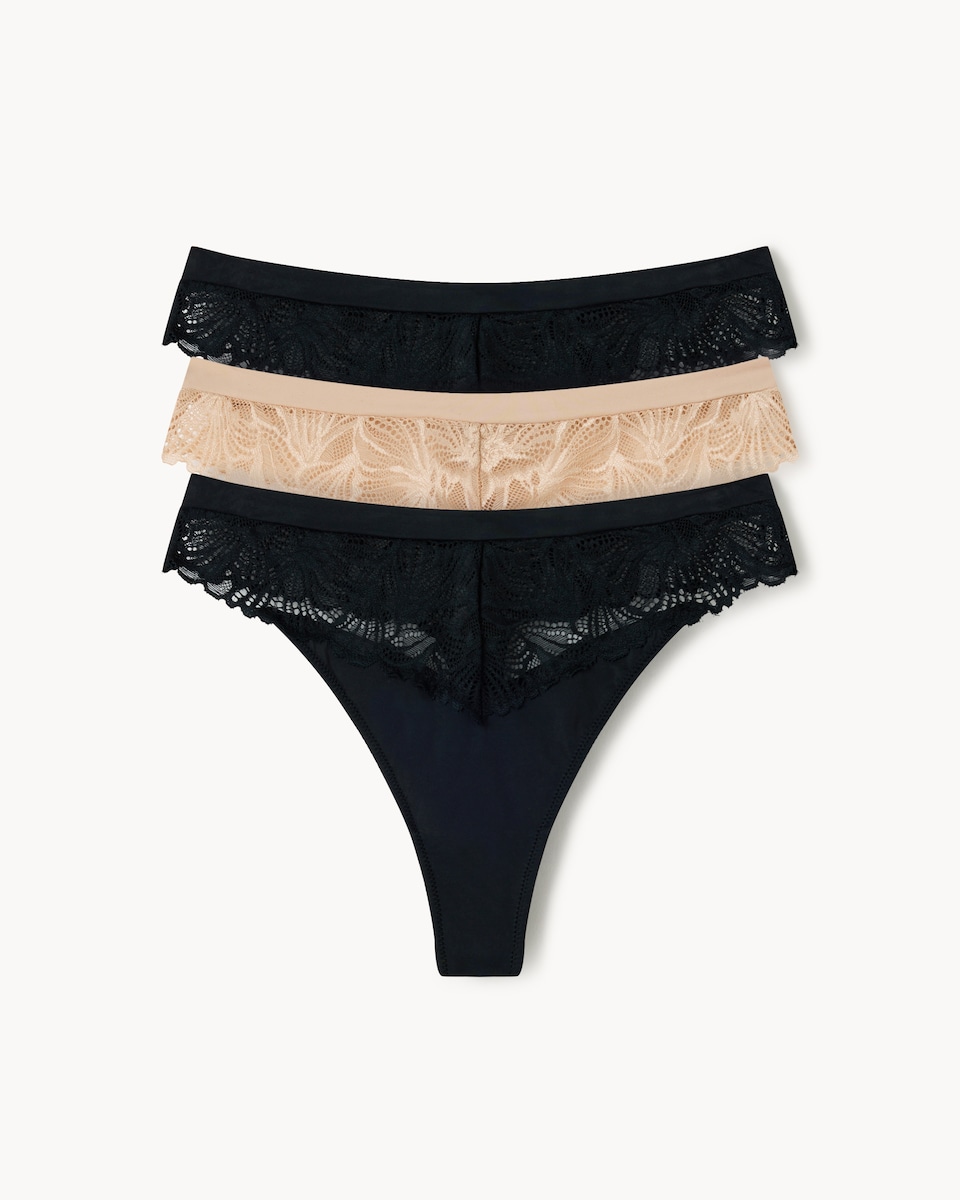 image 1 of F&F 3-Pack Lace Trim Thongs in Black