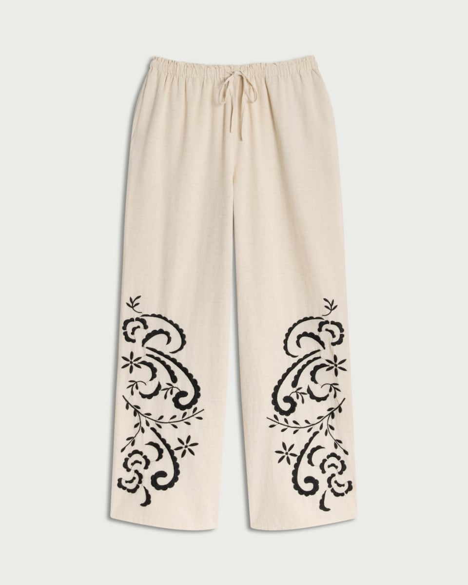 image 1 of F&F Cotton Rich Embroidered Wide Leg Co-ord Trousers with Linen in Cream