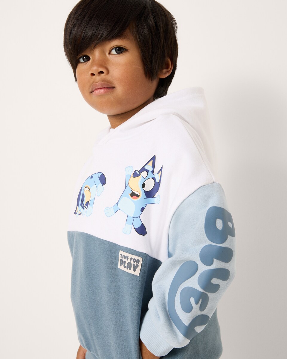image 1 of Bluey Cotton Rich Colour Block Hoodie in Blue