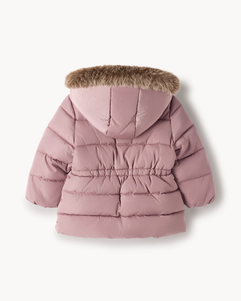 image 1 of F&F Girls Faux Fur Trim Hooded Padded Coat in Pink