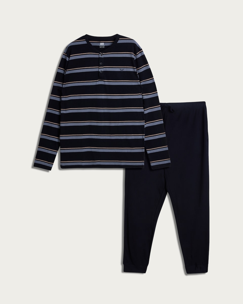 image 1 of F&F Pure Cotton Stripe Print Henley Top and Joggers Pyjamas in Navy