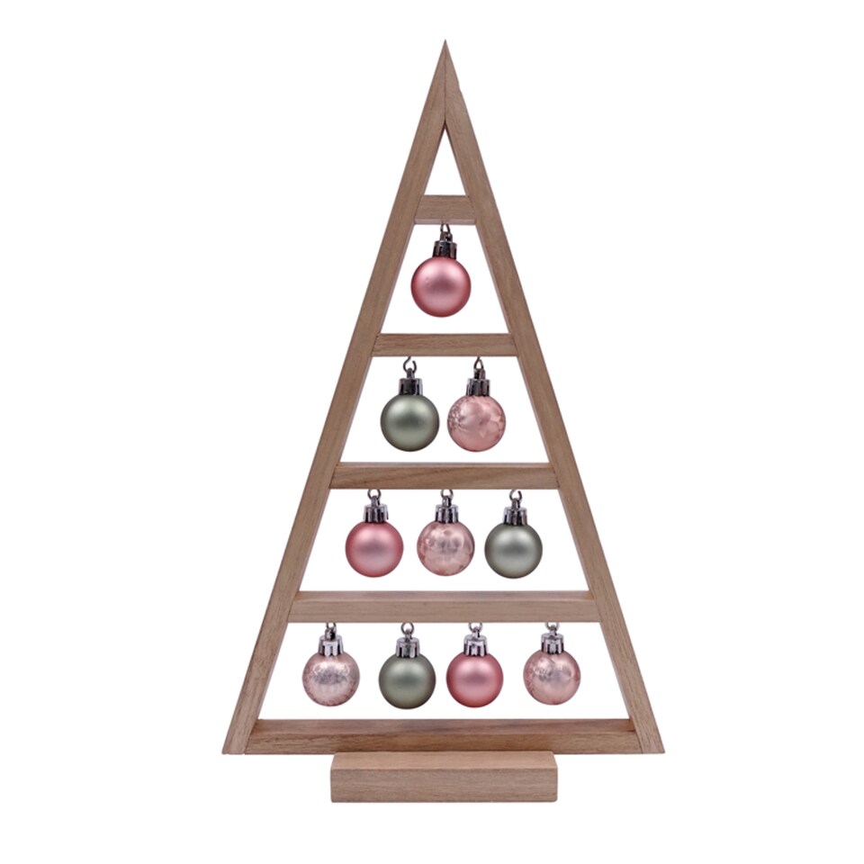 TESCO FROSTY WOODEN TREE WITH BAUBLES