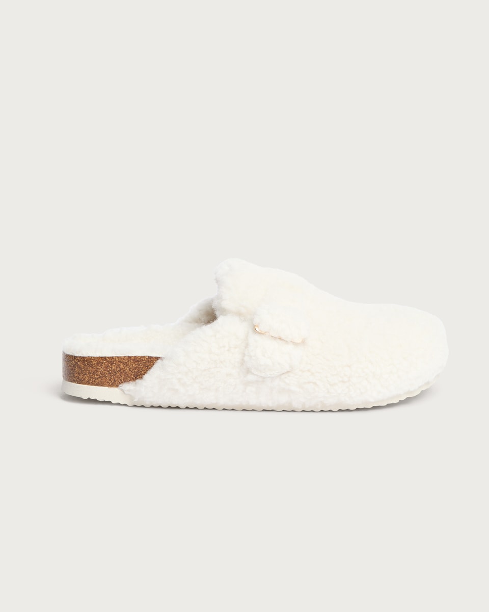 image 1 of F&F Shearling Buckle Footbed Slippers in Cream