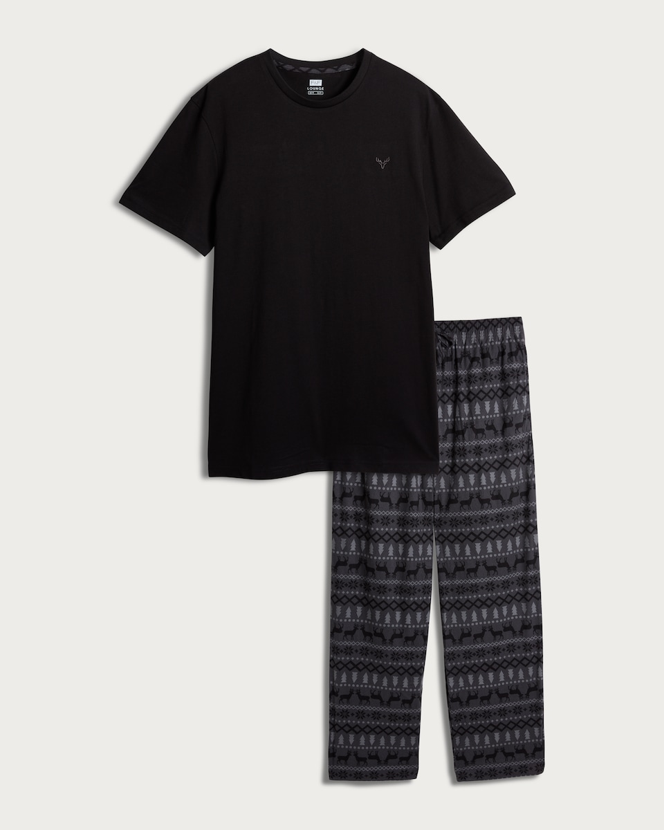 image 1 of F&F Pure Cotton Top and Fleece Patterned Pants Pyjamas in Black