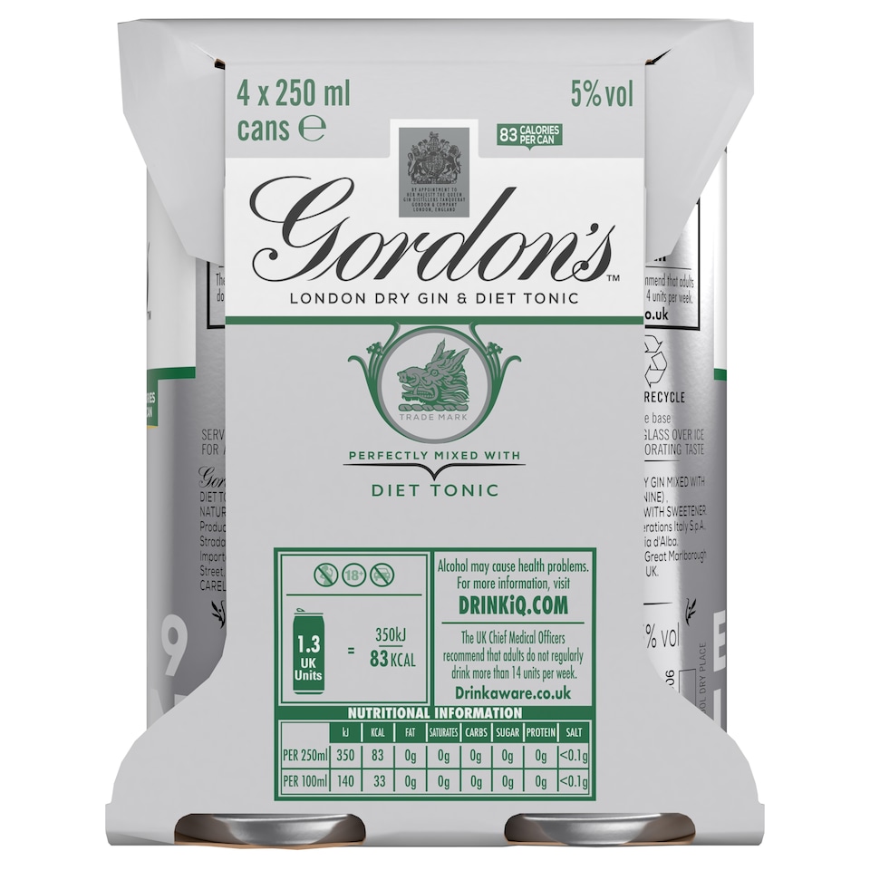 image 1 of Gordon's Gin & Slimline Tonic Can 5% Vol 4x250ml