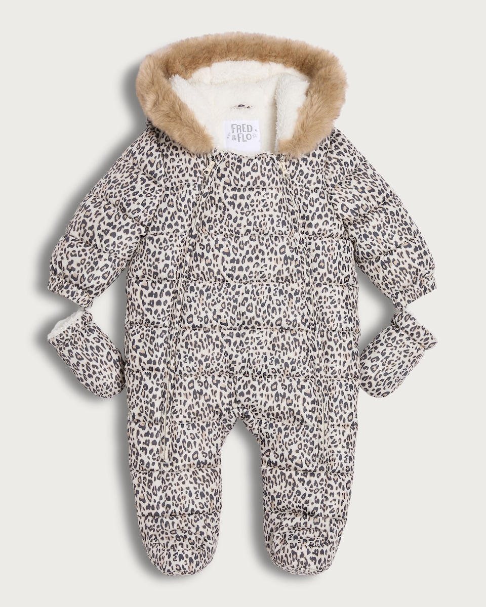 image 1 of F&F Baby Padded Leopard Print Pramsuit in Brown