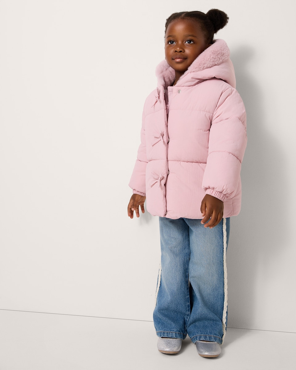 image 1 of F&F Girls Faux Fur Hood Puffer Coat in Pink