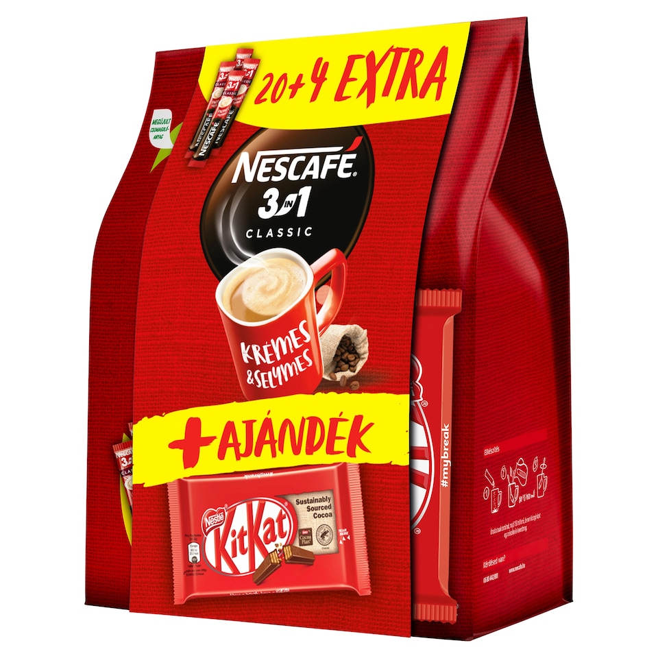 Nescafé 3in1 Classic azonnal oldódó kávéspecialitás 24 x 7 g + KitKat ostya tejcsokoládéban 41,5 g