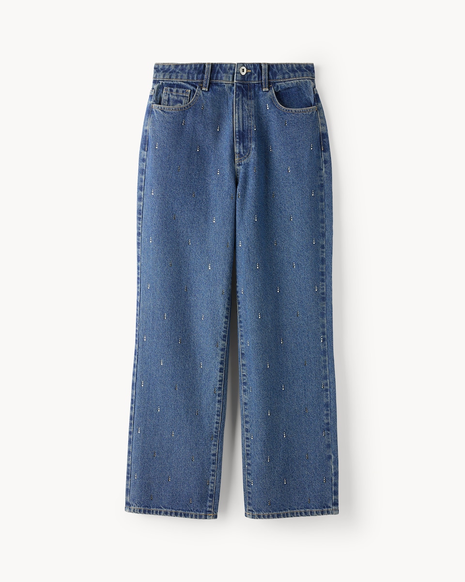 image 1 of F&F Embellished Straight Leg Jeans in Navy