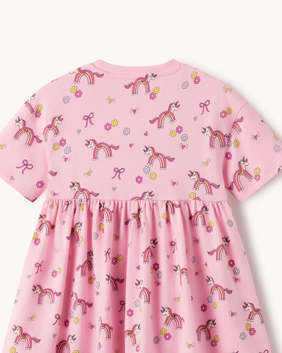 image 1 of F&F Girls' Pure Cotton Unicorn Print Short Sleeved Dress in Multi Pink