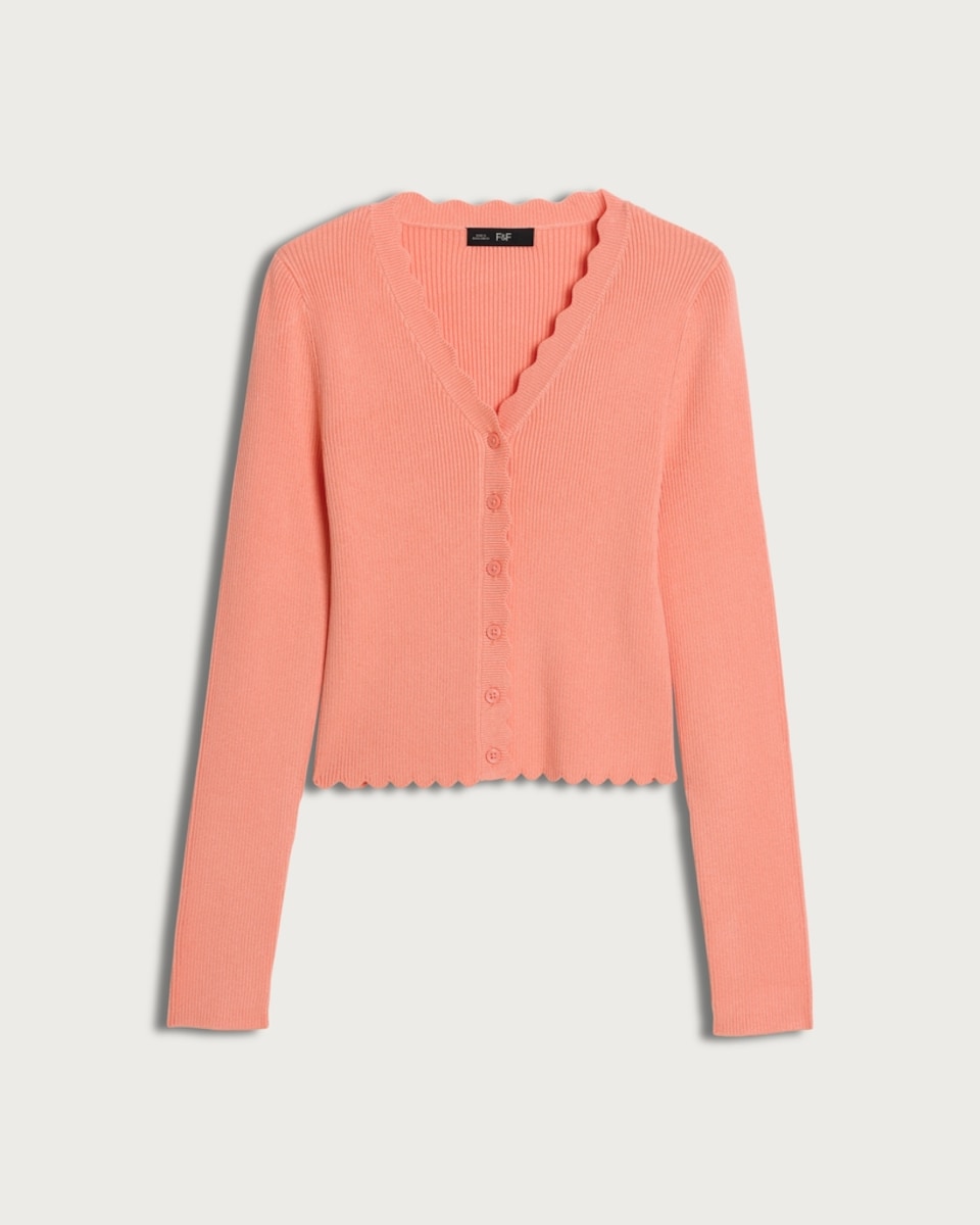 image 1 of F&F Ribbed Scalloped Edge Button Up Cardigan in Peach