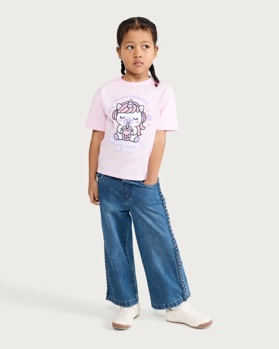 image 1 of F&F Girls Pure Cotton K-Pop Unicorn T-Shirt in Pink