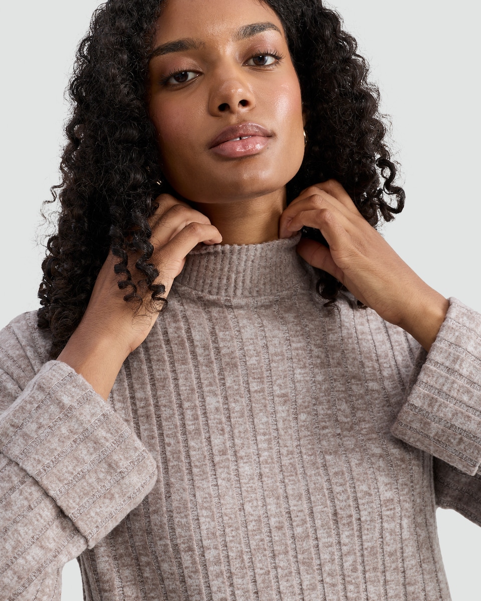 image 1 of F&F Ribbed High Neck Tunic in Neutral