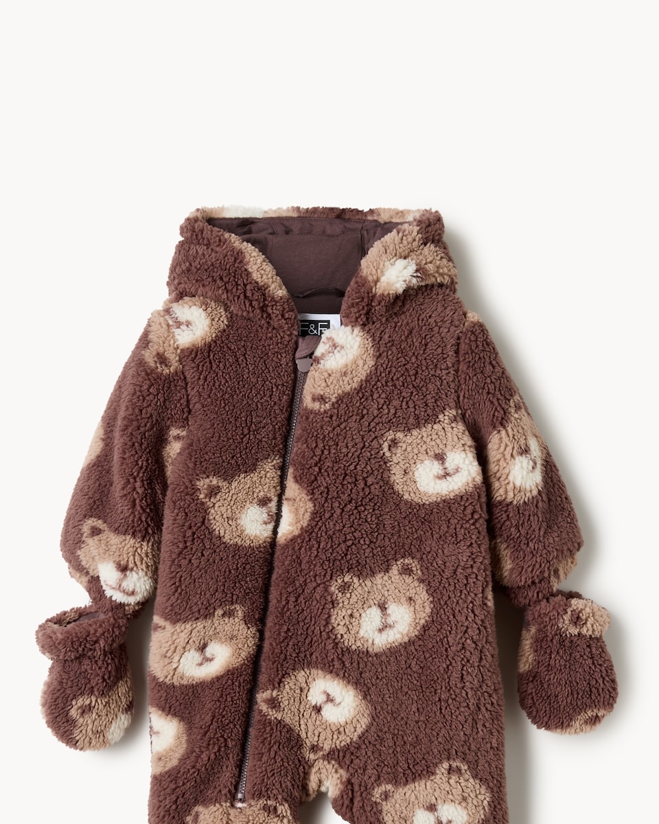 image 1 of F&F Baby Fleece Bear Print Pramsuit in Brown