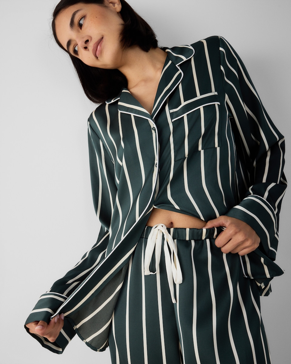 image 1 of F&F CoolEase™ Satin Striped Revere Pyjama Set in Multi Green