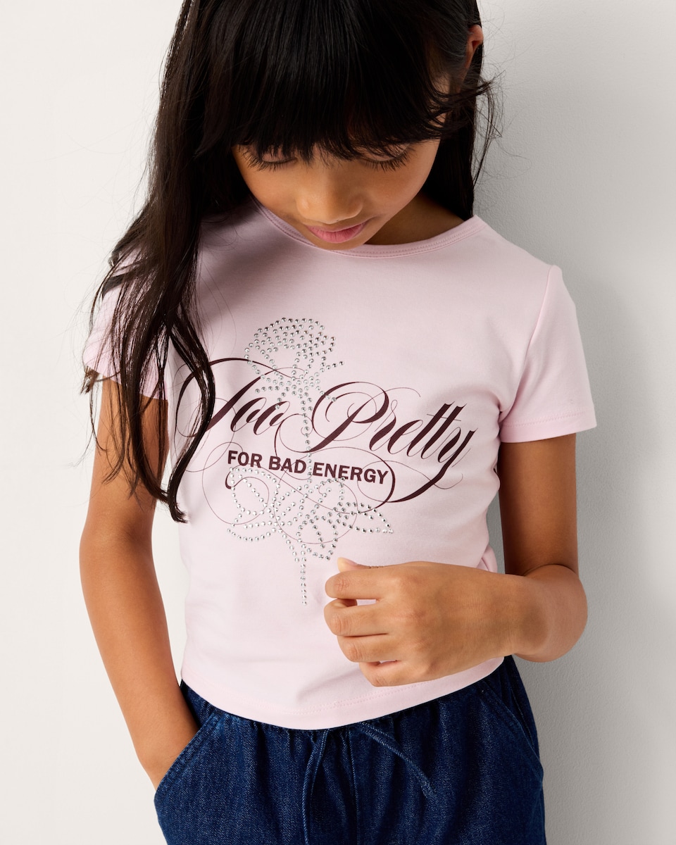 image 1 of F&F Girls Cotton Rich Slogan T-Shirt in Pink