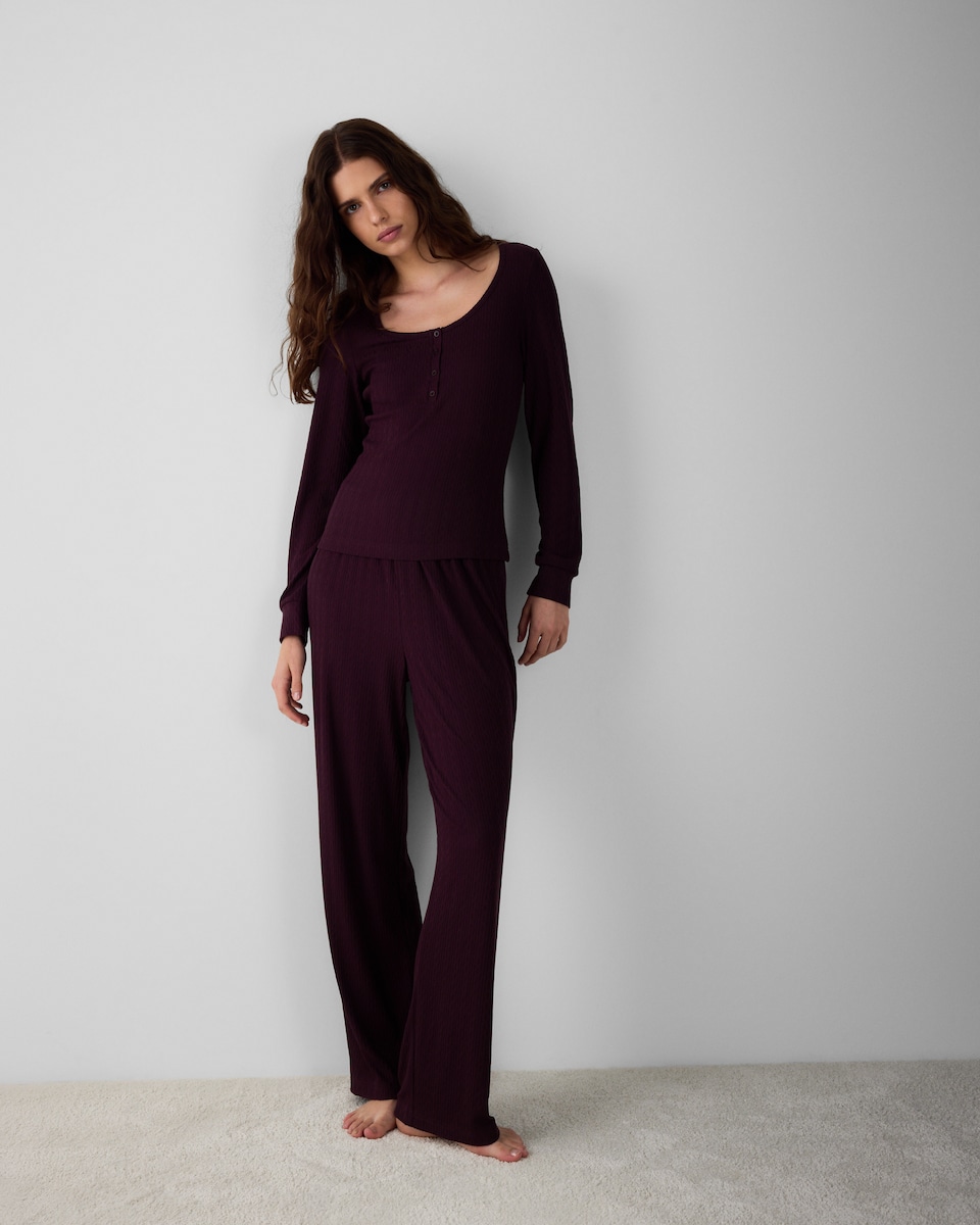 image 1 of F&F Pointelle Cable Henley Pyjama Set in Burgundy