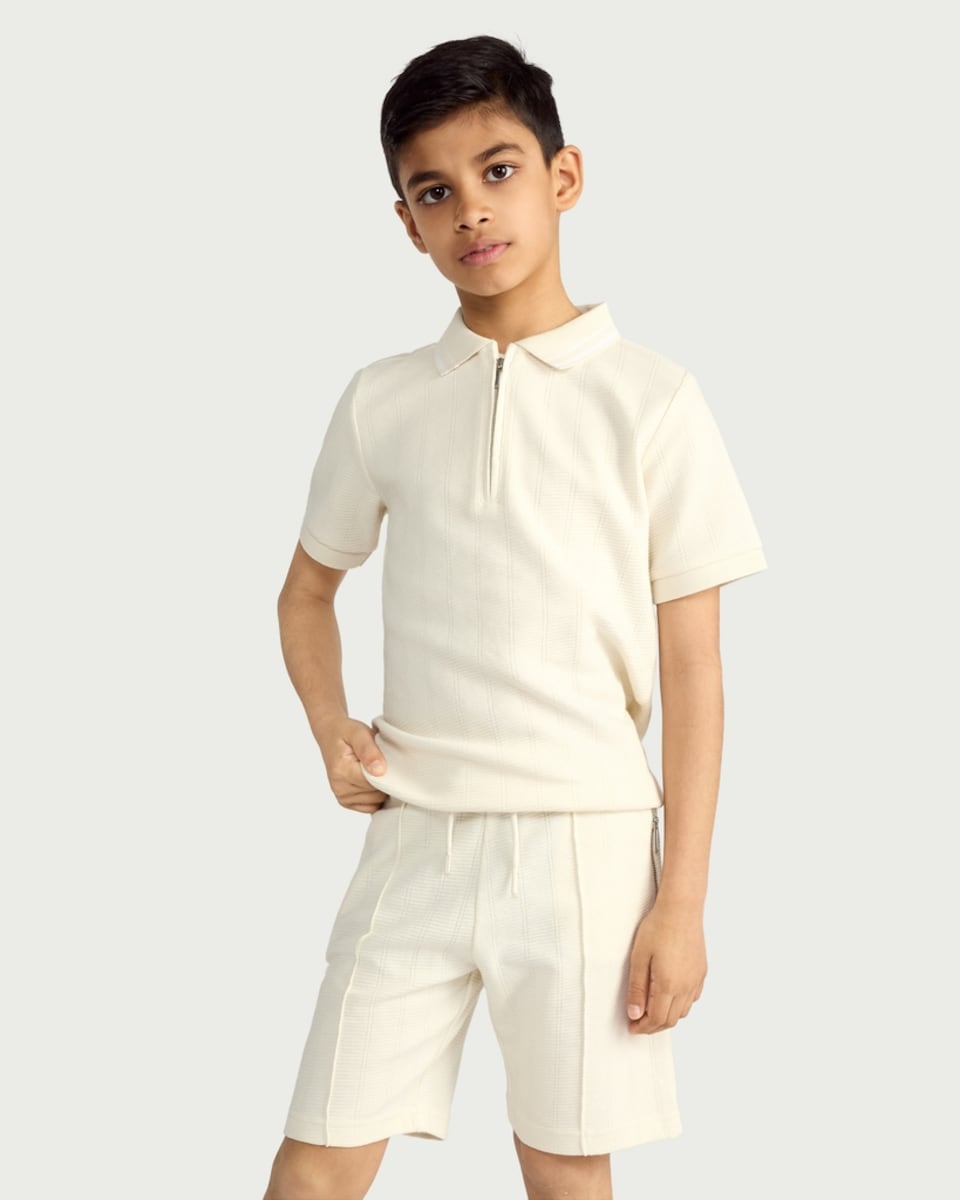 image 1 of F&F Boys 2-Piece Cotton Rich Textured Polo Shirt and Shorts Set in Cream