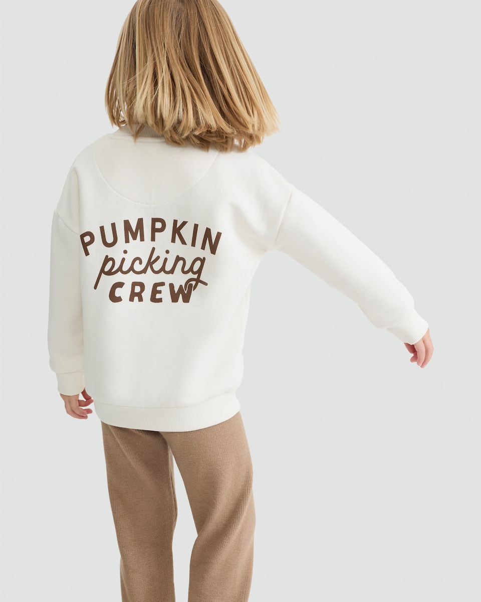 image 1 of F&F Girls Cotton Rich Pumpkin Picking Crew Sweatshirt in Cream