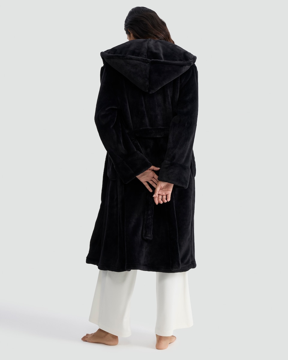 image 1 of F&F Fleece Hooded Dressing Gown in Black