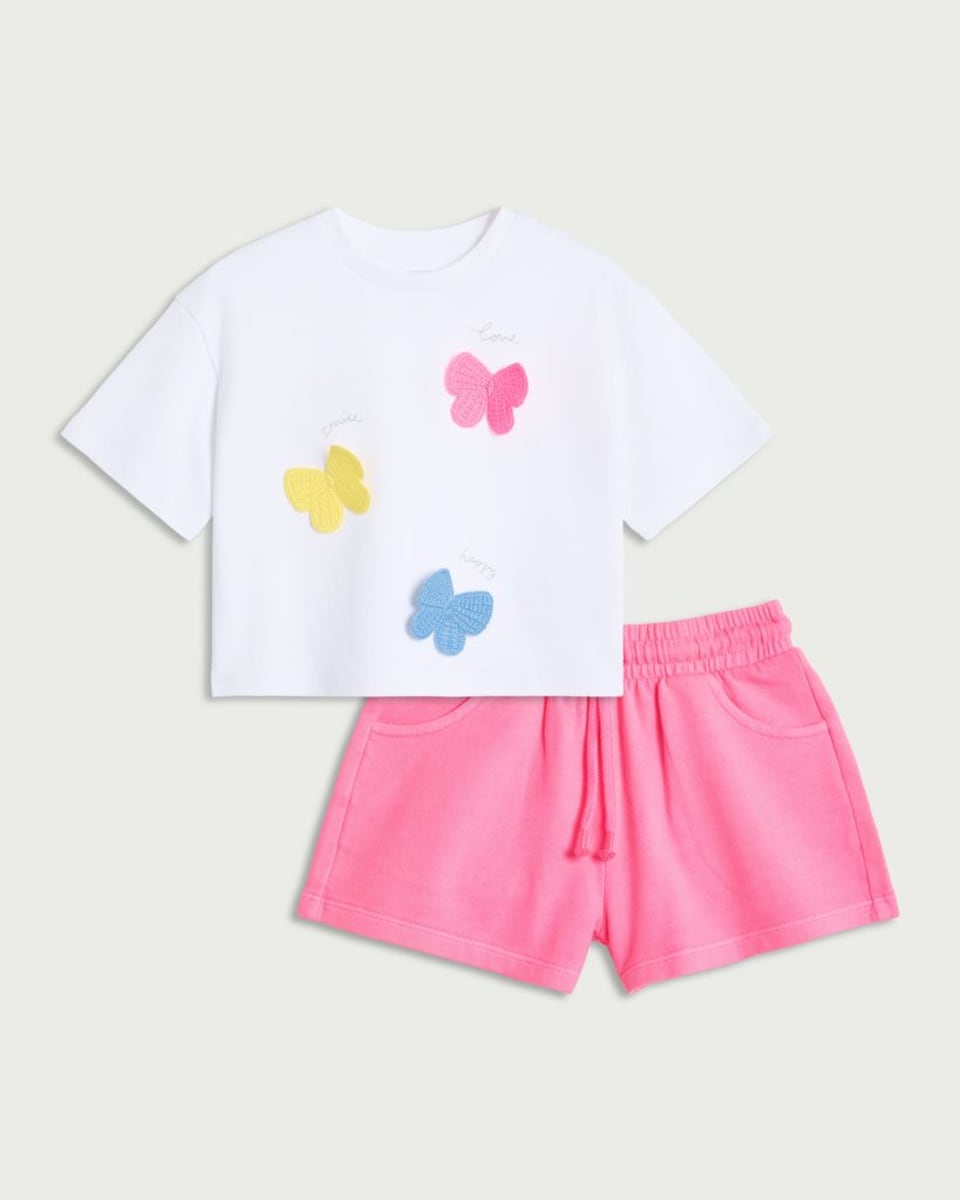 image 1 of F&F Girls 2-Piece Pure Cotton Butterfly T-Shirt and Shorts Set in Multi Pink