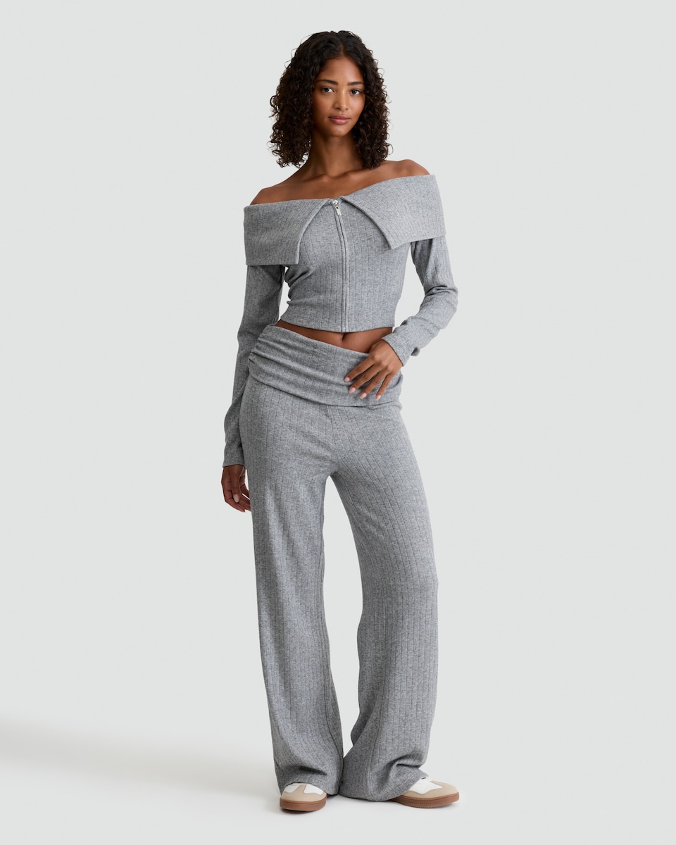 image 1 of OH ME OH MY Ribbed Fold Over Waist Trousers in Grey