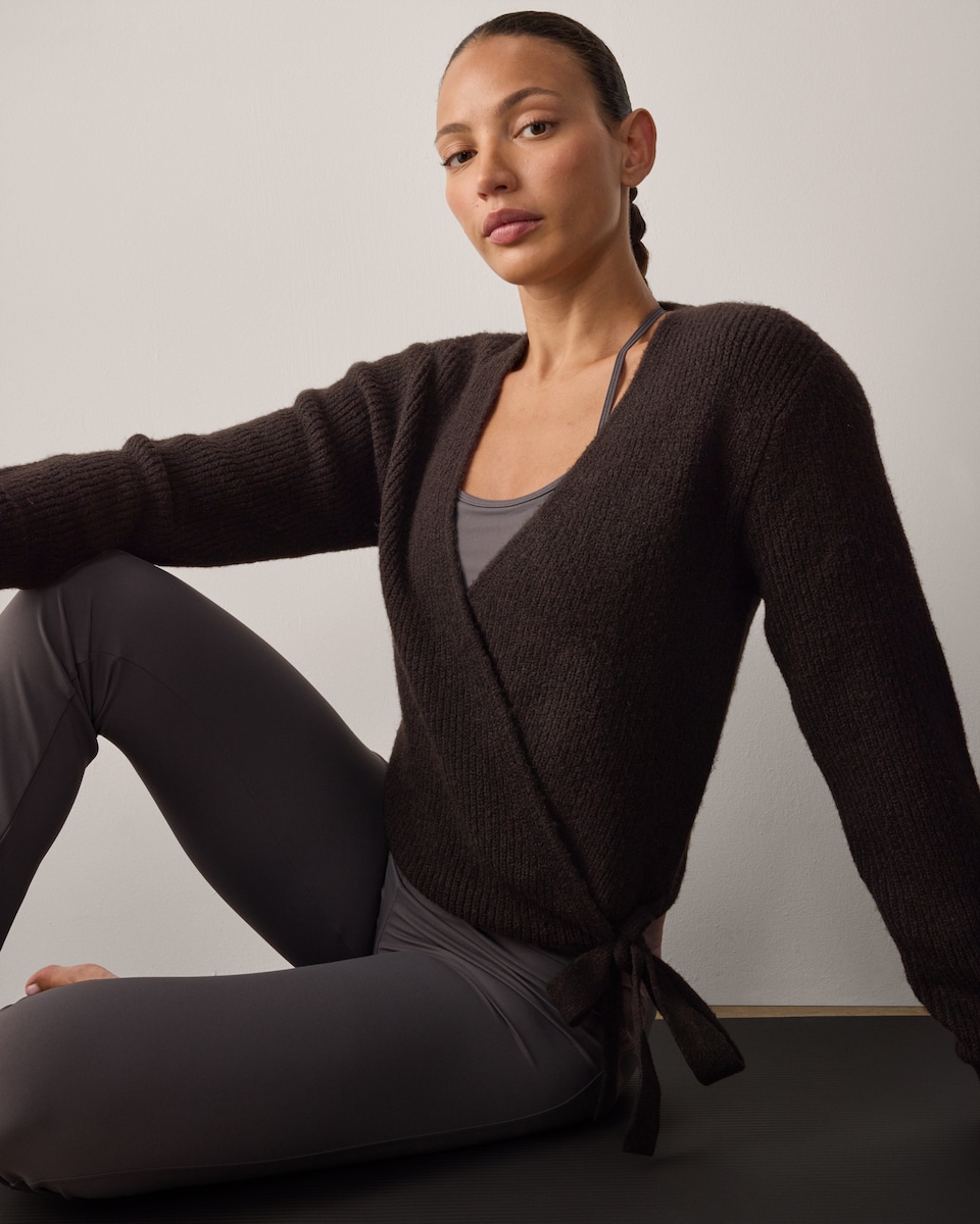 image 1 of F&F Active ULTRASTRETCH Knitted Wrap Long Sleeved Cardigan in Chocolate