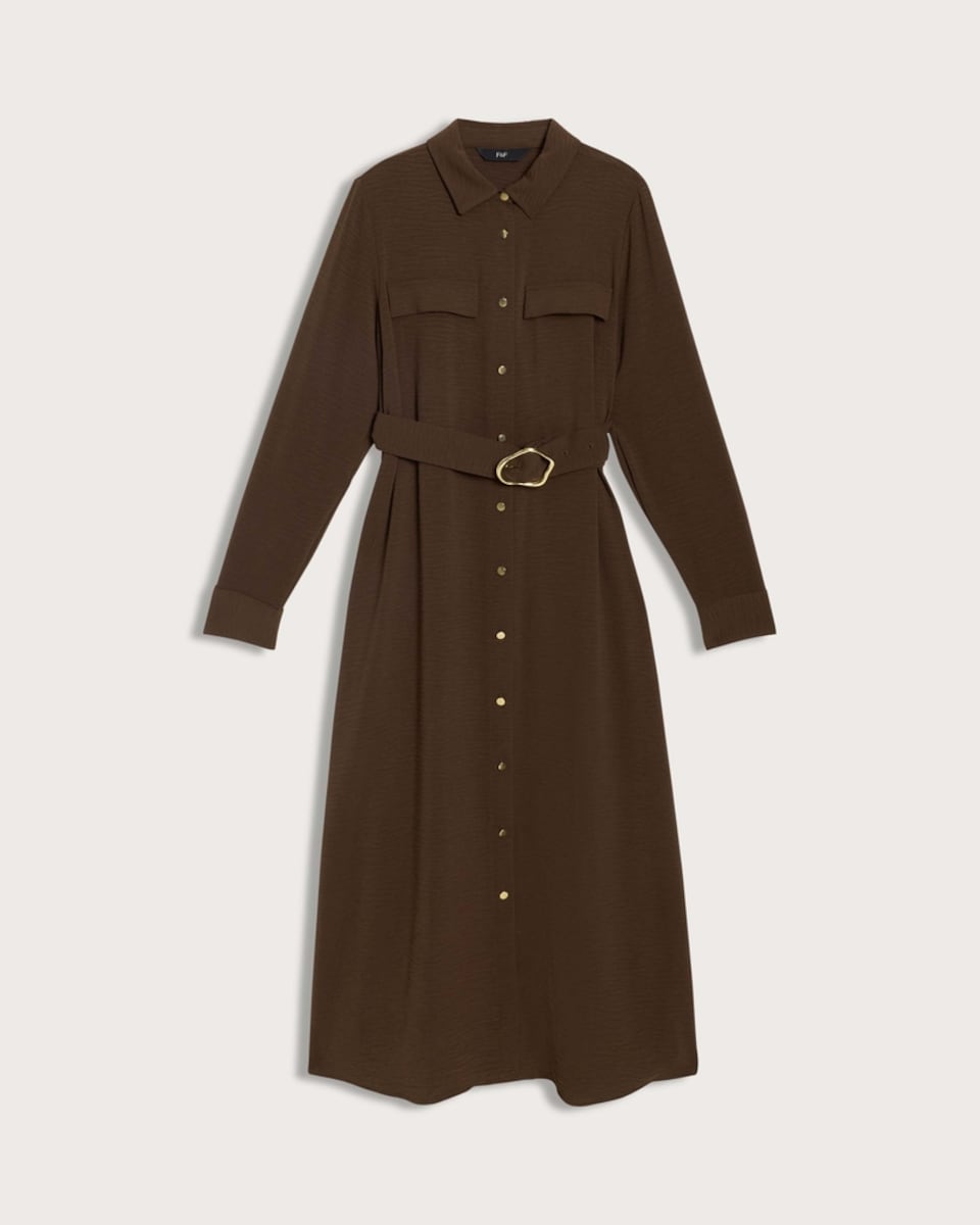 image 1 of F&F Belted Button Up Long Sleeved Midi Shirt Dress in Chocolate