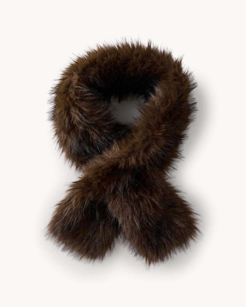 image 1 of F&F Faux Fur Pull Through Scarf in Brown