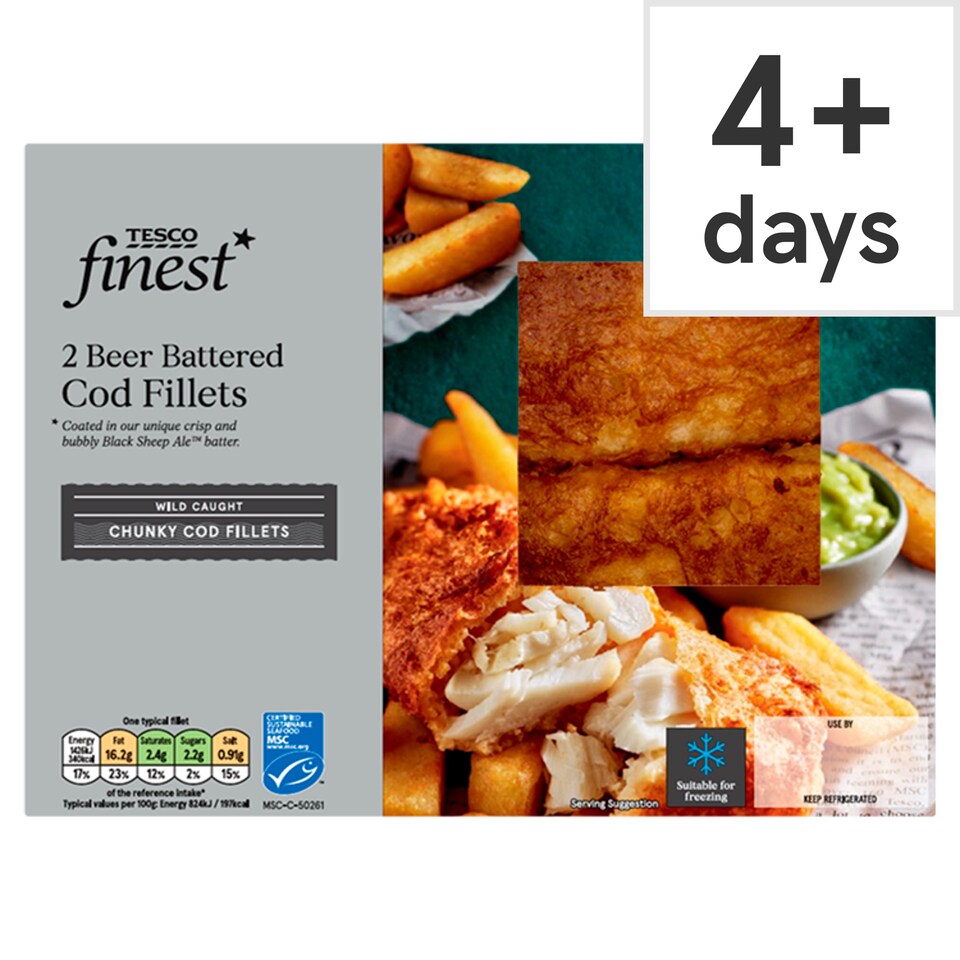 Tesco Finest 2 Beer Battered Cod Fillets 380G Tesco Groceries