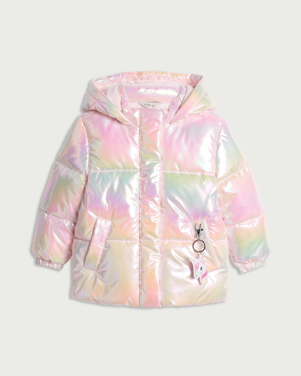 image 1 of F&F Girls Metallic Hooded Puffer Coat in Multi