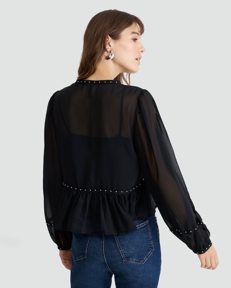 image 1 of F&F Chiffon Studded Peplum Blouse in Black