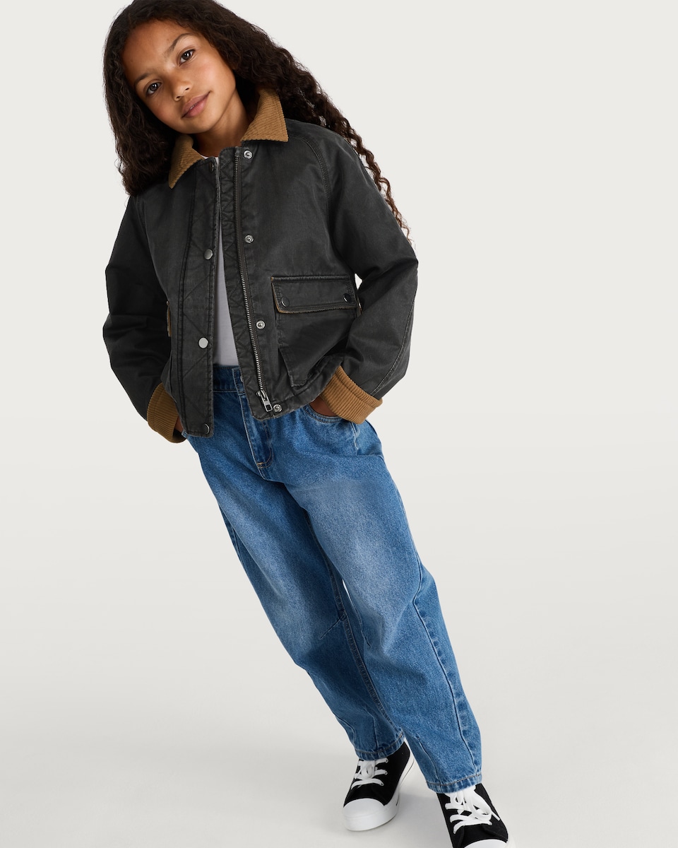 image 1 of F&F Girls Corduroy Collar Waxed Jacket in Black