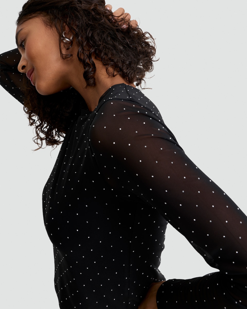 image 1 of OH ME OH MY Mesh Sleeve Embellished Co-ord Top in Black