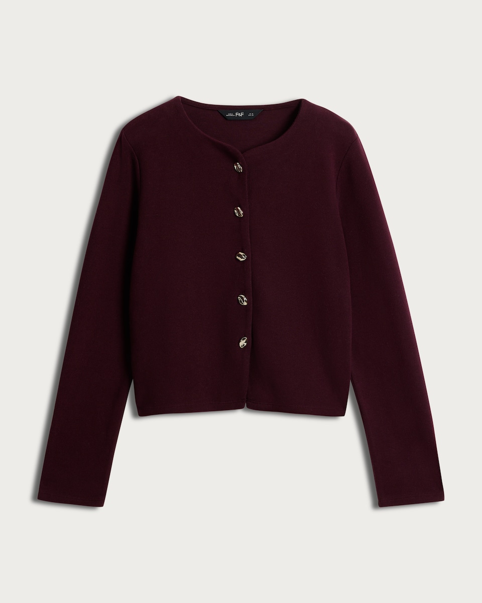 image 1 of F&F Ribbed Button Up Co-Ord Cardigan in Burgundy