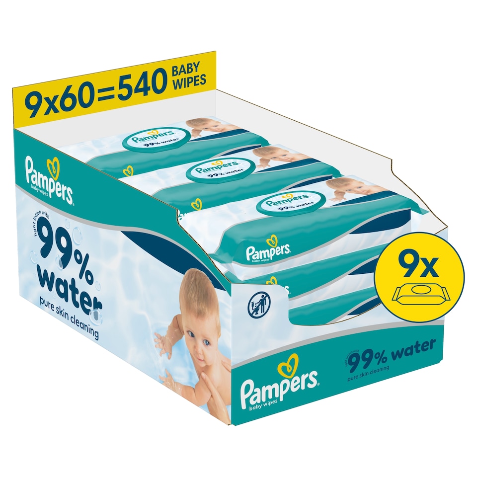 image 1 of Pampers 99% Water Baby Wipes 9x 60 Wipes