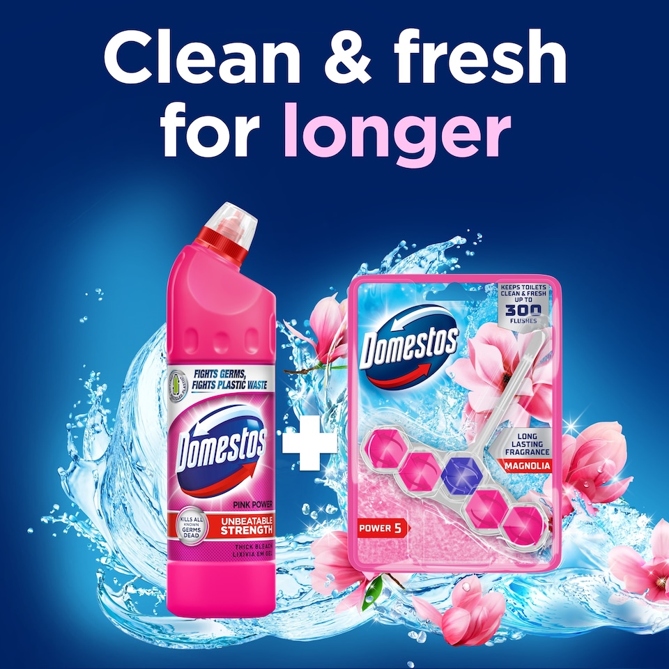 image 1 of Domestos Power 5 Toilet Rim Block Freshener Pink Magnolia 50g