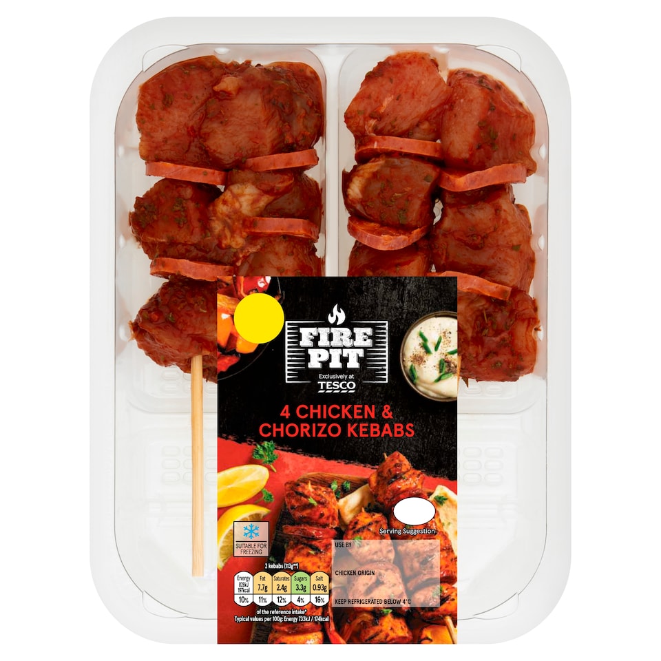 Tesco Fire Pit Chicken & Chorizo Kebabs 272G
