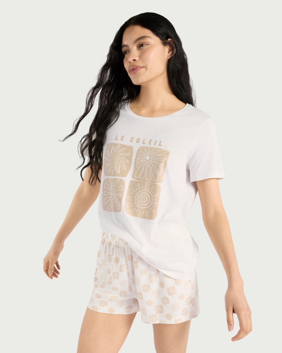 image 1 of F&F Pure Cotton Le Soleil Short Pyjama Set in Multi White