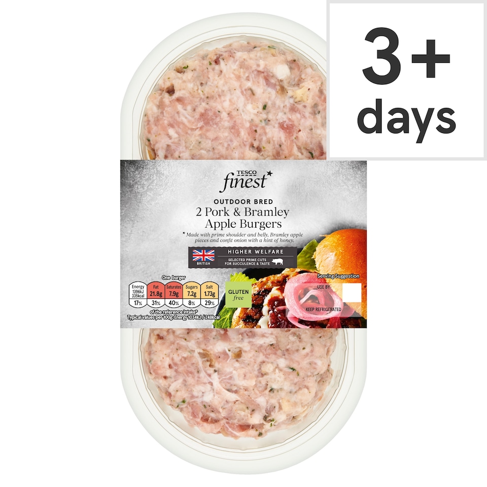 Tesco Finest 2 Pork And Bramley Apple Burgers 300G